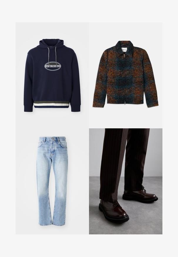 Kabát z vlněné směsi s límcem, který má barevný vzor v tmavě modré, oranžové a hnědé. Přední zip a boční kapsy.; Námořnická modrá mikina s kapucí a vyšitým logem na oválné nášivce. Disponuje stahovací kapucí a texturovaným žebrovaným lemem s kontrastními pruhy.; Světle modré riflové džíny se střihem rovné nohavice. Mají pět kapes, knoflíkový zip a vybledlý vzhled směrem k dolní části.; Hnědé kožené šněrovací boty s lesklým povrchem, černou gumovou podrážkou a jemným štepováním. Nosené s hnědými pruhovanými kalhotami.
