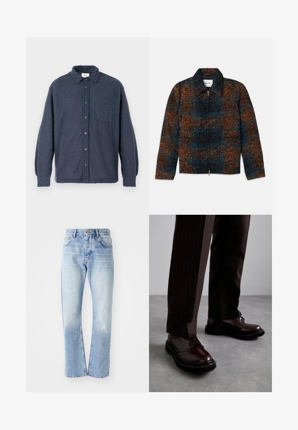 Wollen-blend jas met een kraag, met een meerkleurig patroon van donkerblauw, oranje en bruin. Voorzijde met rits en zijzakken.; Donkerblauw fleece shirt met een gestructureerd oppervlak, knopen aan de voorkant, kraag en een borstzak. Voorzien van bruine knopen en lange mouwen.; Lichtblauwe denim jeans met een rechte pijp. Voorzien van een vijf-pocket ontwerp, knoopsluiting en een vervaagde textuur naar de onderkant.; Bruine leren veterschoenen met een glanzende afwerking, zwarte rubberen zool en subtiele stiksels. Draag ze met bruin gestreepte broek.