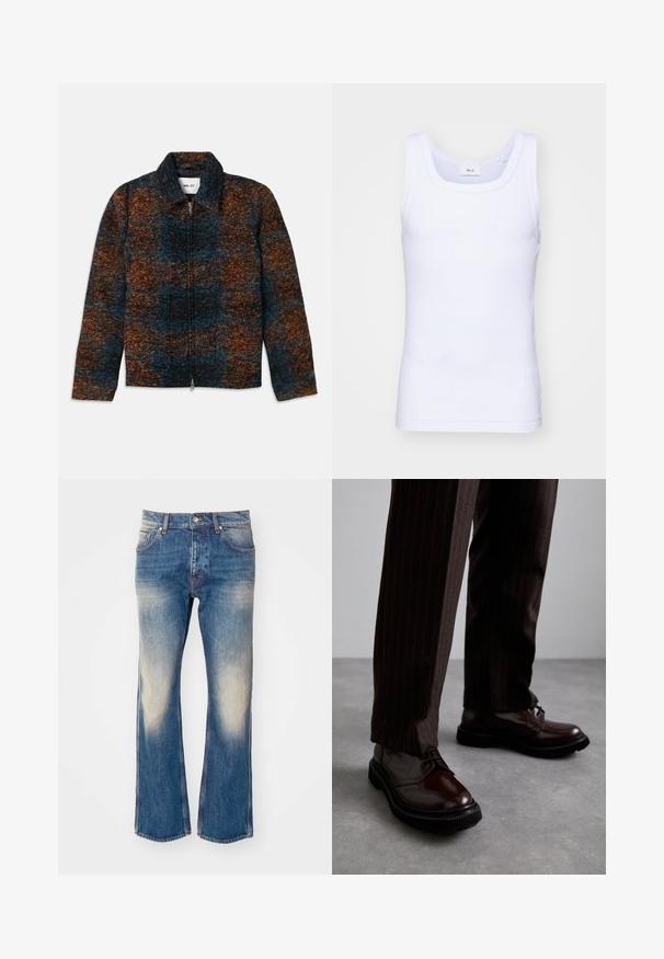 Chaqueta de mezcla de lana con cuello, presenta un patrón multicolor en azul oscuro, naranja y marrón. Cierre frontal con cremallera y bolsillos laterales.; Camiseta sin mangas de algodón blanca con escote redondo, que presenta una textura suave y una forma ajustada, diseñada para el uso casual.; Jeans de mezclilla de color azul claro, de corte acampanado, con desgaste en los muslos, cinco bolsillos, cierre de botón metálico y detalles de costura en contraste.; Zapatos de cuero marrón con cordones y un acabado brillante, suela de goma negra y costuras sutiles. Llevados con pantalones marrón de rayas.