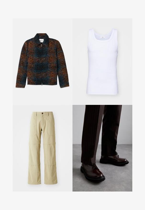 Wool blend jacket with a collar, featuring a multicolored pattern of dark blue, orange, and brown. Front zip closure and side pockets.; White cotton sleeveless tank top with a round neckline, featuring a smooth texture and a fitting shape, designed for casual wear.; Beige cargo pants with a straight-leg design, two front pockets, and a zippered hem for adjustable length. Made of lightweight fabric.; Brown leather lace-up shoes with a glossy finish, black rubber sole, and subtle stitching. Worn with pinstriped brown trousers.