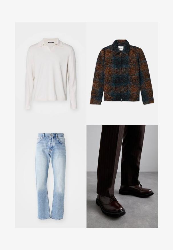 Vilnos mišinio švarkas su apykakle, pasižymintis tamsiai mėlynos, oranžinės ir rudos spalvų raštu. Priekinis užtrauktukas ir šoniniai kišeniai.; Kreme spalvos ilgarankovė polo marškiniai su V formos apykakle. Minkšta medžiaga, raukšlėtos rankogaliai ir apatiniai kraštai. Paprastas dizainas be raštų ar akcentų.; Šviesiai mėlynos džinsinės kelnės su tiesia sijonu. Savybės: penkių kišenių dizainas, mygtukų užtrauktukas ir blukus tekstūra apačioje.; Rudos odinės bateliai su raišteliais, blizgiu paviršiumi, juoda gumine absorbcija ir subtilia siūle. Dėvimi su rudos spalvos dryžuotomis kelnių.