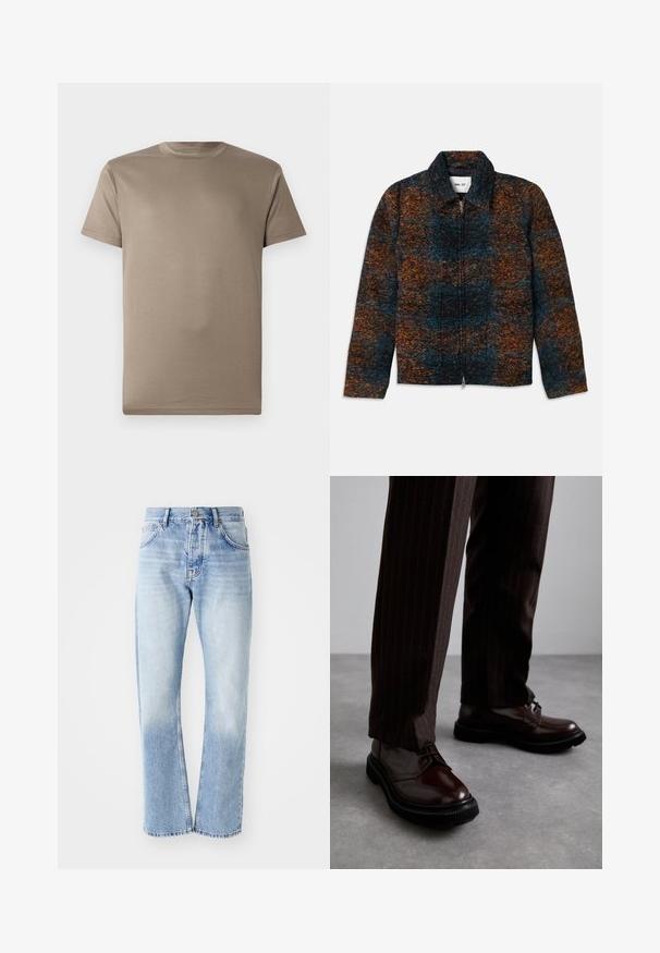 Casaco em mistura de lã com colarinho, apresentando um padrão multicolorido em azul-escuro, laranja e castanho. Fecho frontal com zipper e bolsos laterais.; T-shirt de mangas curtas em castanho claro, feito de um tecido suave com decote redondo e sem padrões ou acessórios visíveis.; Calças de ganga azul claro com corte de perna reta. Apresenta um design de cinco bolsos, fecho de botão e uma textura desbotada na parte inferior.; Sapatos de couro castanho com atacadores e um acabamento brilhante, sola de borracha preta e costuras subtis. Usados com calças castanhas à risca.