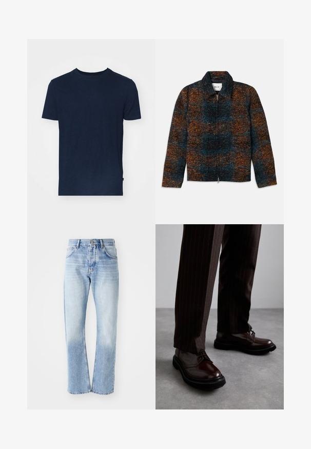 Uldblandingsjakke med krave, prydet med et flerfarvet mønster i mørkeblå, orange og brun. Frontlynlås og sidelommer.; Marinenavt t-shirt lavet af blødt stof, med rund halsudskæring og korte ærmer, i en afslappet pasform uden synlige mønstre eller accenter.; Lyseblå denim jeans med lige ben. Har en fem-lomme design, knaplukning og en falmet tekstur mod bunden.; Brune læder snørebåndssko med en glat finish, sort gummisål og diskret syning. Båret med brune bukser med striber.