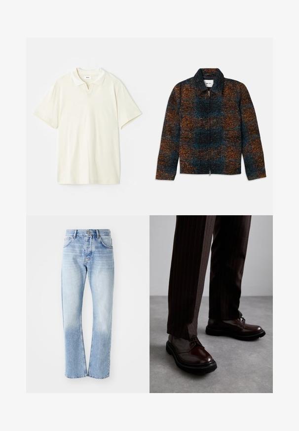 Vilnas jaukta auduma jaka ar apkakli, ar daudzkrāsainu rakstu tumši zilā, oranžā un brūnā krāsā. Priekšā ir rāvējslēdzēja aizdares un sānu kabatas.; Kremkrāsas polo krekls ar klasisku apkakli, īsām piedurknēm un nelielu V formas izgriezumu apkaklē. Gluda tekstūra un minimāls dizains.; Gaiši zili džinsu bikses ar taisnu kāju griezumu. Ar piecu kabatu dizainu, pogu aizdari un izbalējušu tekstūru apakšā.; Brūni ādas šņorējami apavi ar spīdīgu apdari, melna gumijas zole un smalki satīti šuvumi. Valkāti ar svītrainām brūnām biksēm.