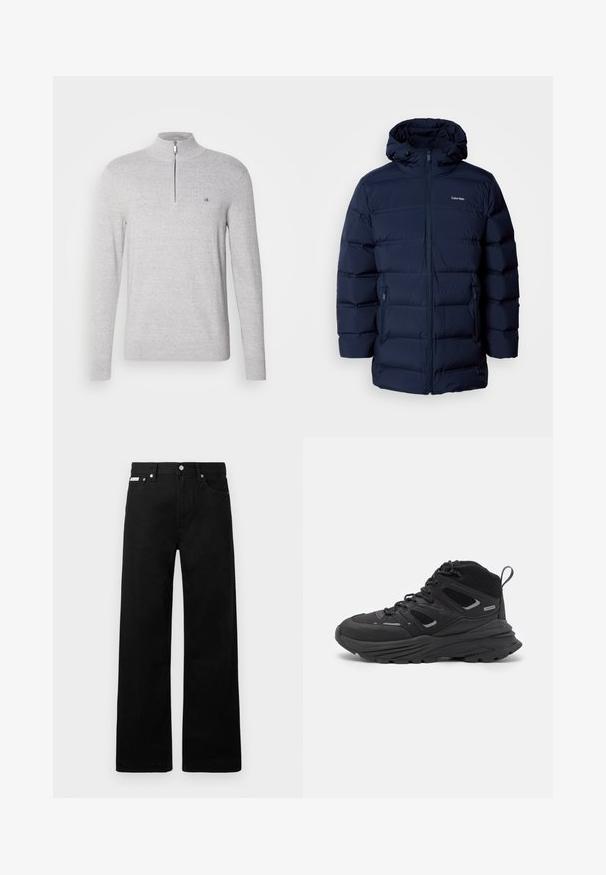 Marineblau gepolsterte Jacke mit Kapuze, ausgestattet mit einem Frontreißverschluss, elastischen Bündchen und zwei Seitentaschen. Der Stoff hat eine glatte Textur.; Grauer Pullover mit hohem Kragen und halbem Reißverschluss. Verfügt über einen strukturierten Stoff und ein kleines Logo auf der Brust. Lange Ärmel.; Weißes Baumwoll-T-Shirt mit schwarzem "CK"-Logo und dem Text "Calvin Klein Jeans", kurzen Ärmeln und einem klassischen Rundhalsausschnitt.; Schwarze Denim-Hose im weiten Bein-Design mit fünf Taschen und metallenen Knopfdetails. Glatte Textur, ohne sichtbare Muster.; Schwarze Wanderschuhe mit einem geschichteten Design, strukturiertem Stoff und Gummisohle, verstärkten Bereichen und Schnürung vorne.