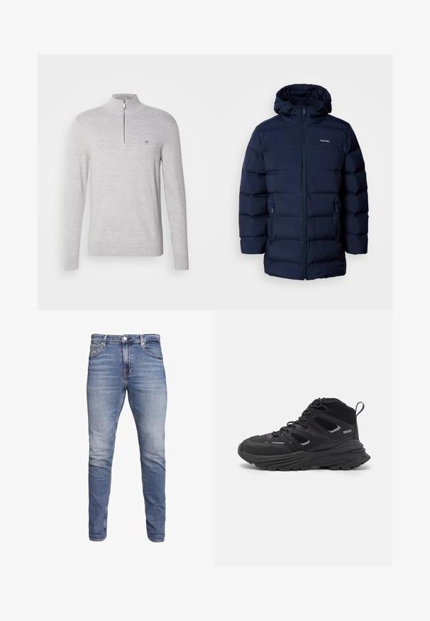 Jachetă căptușită albastru închis cu glugă, având un fermoar frontal, manșete elastice și două buzunare laterale. Materialul are o textură netedă.; Pulover gri cu guler înalt și fermoar pe jumătate. Are un material texturat și un logo mic pe piept. Mâneci lungi.; Jeans slim-fit de culoare albastră, cu cinci buzunare, spălare decolorată, închidere cu nasture și suport pentru curea, prezentate pe un fundal alb.; Pantofi de drumeție negri cu un design stratificat, material texturat și talpă din cauciuc, cu zone întărite și sistem de șireturi.
