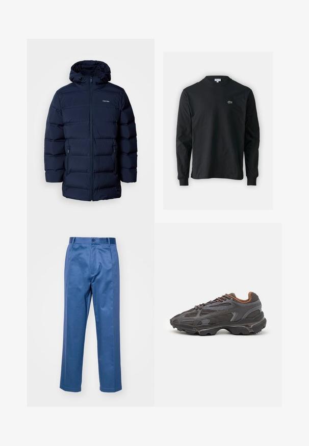 Navy blue padded jacket with a hood, featuring a front zipper, elastic cuffs, and two side pockets. Fabric has a smooth texture.; Black long-sleeve t-shirt made of cotton, featuring a round neckline and a small green embroidered crocodile logo on the left chest.; Blue trousers made of a smooth fabric, featuring a straight-leg design, a button closure, and subtle stitching details.; Lacoste sneakers in dark gray with mesh and synthetic material, featuring a textured sole and brown accents on the collar and branding.