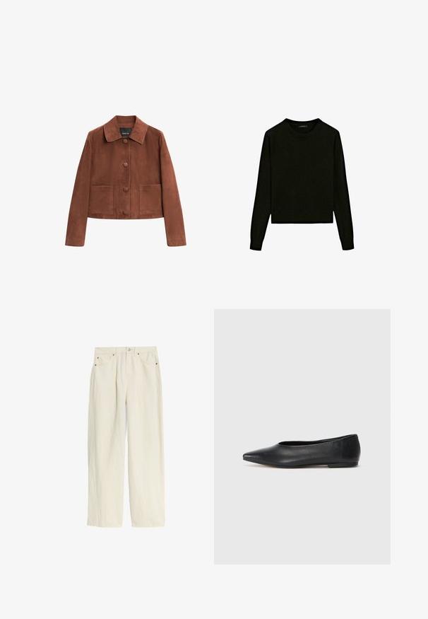Braune Wildleder-Cropped-Jacke mit einem Kragen, drei vorderen Knöpfen und zwei großen Taschen. Glatte Textur und einfaches Design.; Schwarzer Strickpullover mit Rundhalsausschnitt, langen Ärmeln und cropped Design. Hergestellt aus einem weichen Material mit glatter Textur.; Helle cremefarbene, weit geschnittene Hose aus strukturiertem Stoff. Verfügt über einen Knopfverschluss, kupferfarbene Nieten und vier Taschen.; Schwarze Leder-Balletschuhe, spitze Zehenform, minimalistische Gestaltung, glatte Textur, niedriger Absatz, keine sichtbaren Beschläge oder Verzierungen.