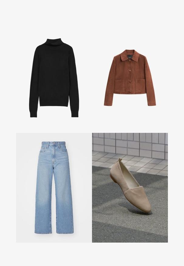 Braune Wildleder-Cropped-Jacke mit einem Kragen, drei vorderen Knöpfen und zwei großen Taschen. Glatte Textur und einfaches Design.; Schwarzer Rollkragenpullover aus weichem Material, mit langen Ärmeln, einem engen Kragen und gerippten Bündchen für einen strukturierten Look.; Hellblaue High-Waist-Weite-Leg-Jeans mit Knopf- und Reißverschluss vorne, Vorder- und Rückentaschen, auf weißem Hintergrund.; Beige flache Schuhe aus weichem Material, mit einer spitzen Zehenpartie und minimalistischem Design. Enthalten sind ein kleiner Absatz und eine Schlaufe an der Rückseite.