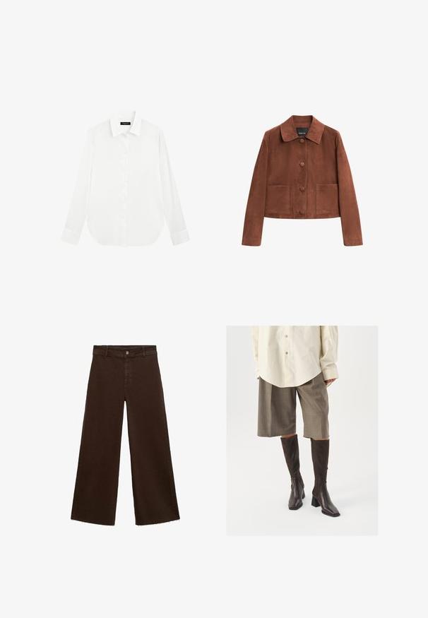 Hnědá zamšová zkrácená bunda s límcem, třemi předními knoflíky a dvěma velkými kapsami. Hladká textura a jednoduchý design.; Massimo Dutti FLOWING LONG SLEEVE - Košilová halenka  - white; Hnědé kalhoty širokého střihu z bavlněné směsi, s třepicí na lemu, předním zapínáním na knoflík a klasickým designem pěti kapes. Minimalistické a univerzální.; Hnědé kozačky po kolena se čtveratou špičkou a širším podpatkem, kombinované s béžovou oversized košilí a hnědými kostkovanými culottes.