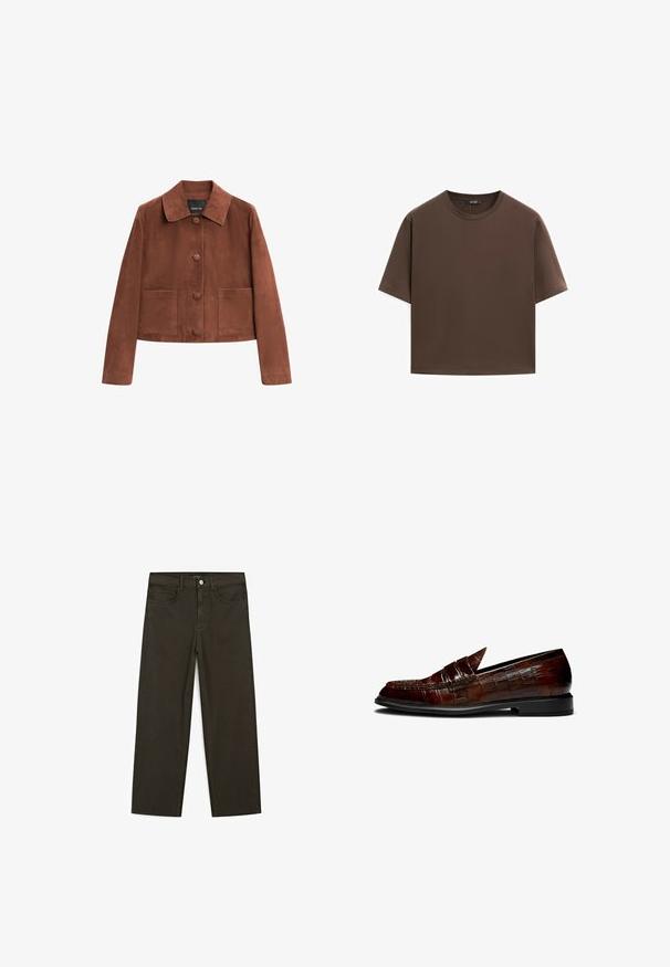 Bruine suède cropped jasje met een kraag, drie knopen aan de voorkant en twee grote zakken. Soepele textuur en eenvoudig ontwerp.; Bruine katoenen t-shirt, korte mouwen, ronde hals, relaxte pasvorm, gladde textuur, minimalistisch ontwerp, geen zichtbare patronen of accenten.; Donkergroene wijde jeans van een katoenmix, met een sluiting met een voorste knop, vijf zakken en klassieke denimstiksels.; Bruine leren instappers met een krokodillenstructuur, voorzien van een lage hak en een spitse neus. Accentstiksels langs de randen.