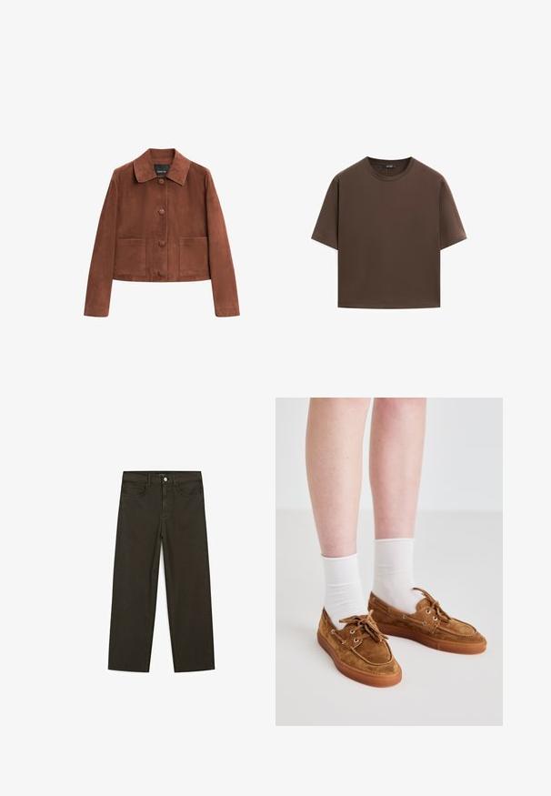Giacca corta in suede marrone con colletto, tre bottoni anteriori e due grandi tasche. Texture liscia e design semplice.; T-shirt in cotone marrone, maniche corte, collo a giro, vestibilità abbastanza ampia, texture liscia, design minimalista, senza motivi o dettagli visibili.; Jeans a gamba larga di colore verde scuro, realizzati in tessuto misto cotone, dotati di chiusura con bottone frontale, cinque tasche e cuciture classiche in denim.; Calzature in suede marrone con suola in gomma, dotate di lacci, occhielli in metallo e indossate con calze bianche a manica corta.