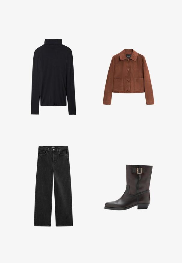Bruine suède cropped jasje met een kraag, drie knopen aan de voorkant en twee grote zakken. Soepele textuur en eenvoudig ontwerp.; Zwarte lange mouwen coltrui met een aansluitend ontwerp, een gladde textuur en een hoge kraag, met gestikte zomen en zonder zichtbare patronen.; Wijd gesneden zwarte denim jeans met een subtiel verticaal streepmotief, voorzien van een vijfzakkenontwerp en een klassieke knoopsluiting bij de taille.; Zwarte leren enkellaarzen met een ronde neus, lage blokhak, zij-elastische paneel en een gouden gespaccent op de enkelriem.