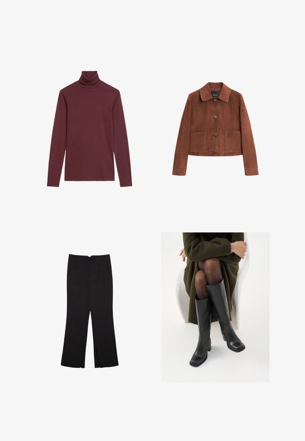 Braune Wildleder-Cropped-Jacke mit einem Kragen, drei vorderen Knöpfen und zwei großen Taschen. Glatte Textur und einfaches Design.; Burgunderfarbener Rollkragenpullover aus weichem, dehnbarem Material; mit langen Ärmeln und hohem, gerolltem Kragen für zusätzliche Wärme.; Schwarze Hose mit geradem Schnitt, ausgestattet mit Fronttaschen und Seitenschlitzen am Saum. Hergestellt aus weichem, glattem Stoff. Geeignet für verschiedene Anlässe.; Knöchelhöhe schwarze Lederstiefel mit quadrater Spitze und Blockabsatz, gezeigt mit einem Modell, das einen olivgrünen Mantel trägt. Glatte Textur, minimale Details.