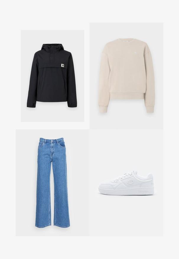 Chaqueta cortavientos negra con capucha, que cuenta con un bolsillo frontal, puños elásticos y un parche de logo en el pecho. Tejido liso y resistente al agua.; Sudadera beige de cuello redondo hecha de una mezcla de algodón, que presenta un cuello y puños acanalados, con un pequeño logo en el pecho.; Jeans de denim azul de pierna ancha con cintura alta, que cuentan con dos bolsillos delanteros y cierre de botón. La tela tiene un acabado ligeramente texturizado.; Zapatilla blanca hecha de material sintético suave, con puntera redonda, suela plana y sutiles acentos de logo en los laterales. Diseño clásico de caña baja.
