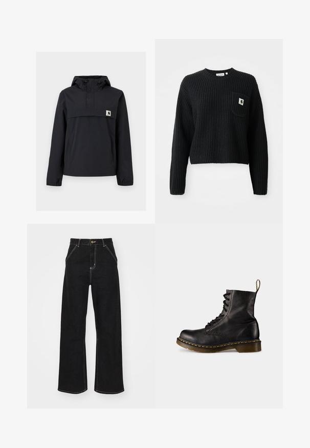 Casaco corta-vento preto com capuz, apresentando um bolso frontal, punhos elásticos e um patch do logo no peito. Tecido liso, resistente à água.; Suéter preto canelado com decote redondo, mangas longas e um bolso frontal com um pequeno logotipo. Comprimento cropped.; Calças de ganga largas pretas, com costuras brancas em contraste e fecho frontal com botão, apresentando dois bolsos frontais inclinados.; Bota de couro preto com amarração, ponta arredondada, costura amarela ao longo da sola e uma alça na parte de trás. Acabamento texturizado e sola grossa.