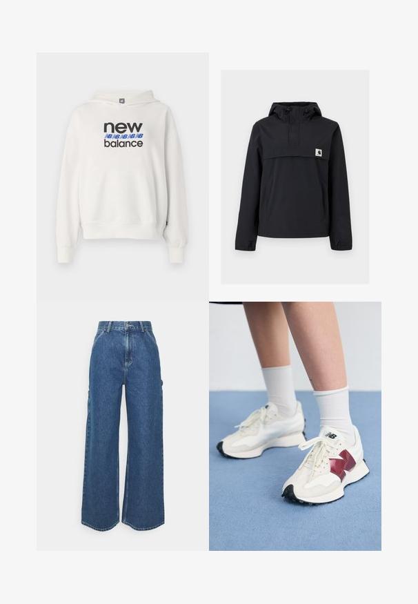 Casaco corta-vento preto com capuz, apresentando um bolso frontal, punhos elásticos e um patch do logo no peito. Tecido liso, resistente à água.; Sweatshirt branco com um bolso canguru à frente, apresentando "new balance" em letras pretas e azuis em negrito no peito. Tecido macio, corte descontraído.; Calças de ganga azuis de perna larga com cintura alta, costuras em contraste e bolsos laterais, apresentando um design clássico de cinco bolsos e bainhas desfiadas.; Par de tênis brancos com detalhes em bordô, painéis texturizados, sola preta lisa e atacadores claros, usados com meias brancas até ao tornozelo.