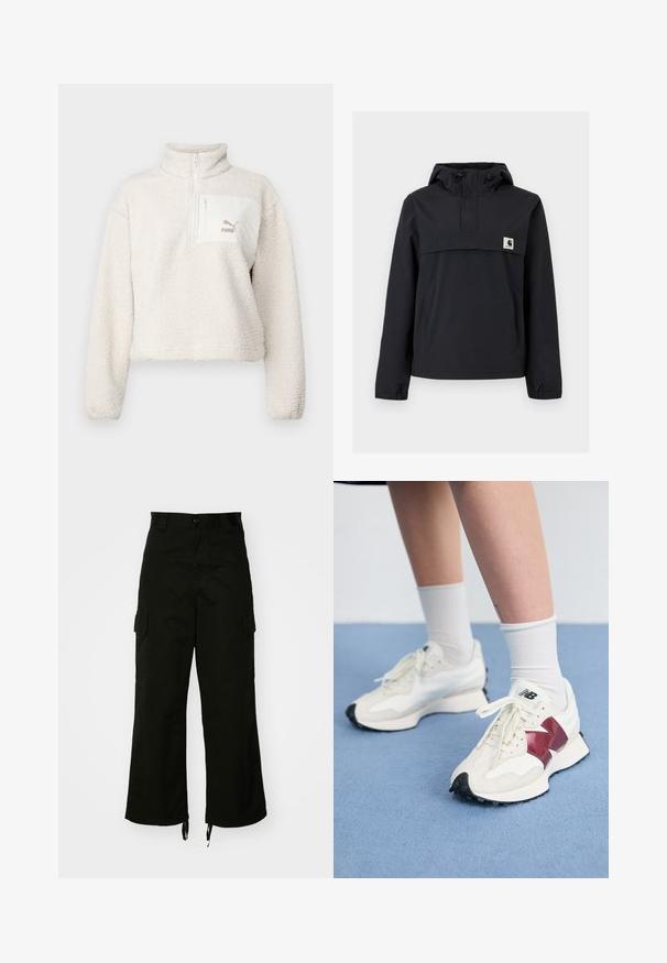 Juodas vėjaraizdis su kapuce, turintis priekinę kišenę, elastines rankoves ir logotipo emblema ant krūtinės. Lygus, vandeniui atsparus audinys.; Šviesios spalvos vilnonis puloveris su aukštu apykakle ir puse užtrauktuko. Turi priekinę kišenę ir mažą logotipą ant kišenės. Minkšta tekstūra.; Juodi krovinių šortai, pagaminti iš medvilnės, su plačiais šonais, šoninėmis kišenėmis ir raišteliais apačioje. Dizainas apima sagos užsegimą talijoje.; Balti sportbačiai su bordo akcentais, tekstūriniais paviršiais, plokščiomis juodomis pado dalimis ir šviesiomis raišteliais, dėvimi su baltais kulkšnų ponoškais.