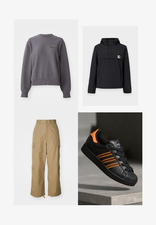 Giacca a vento nera con cappuccio, dotata di tasca frontale, polsini elastici e una patch con logo sul petto. Tessuto liscio e resistente all'acqua.; Felpa grigia realizzata in tessuto misto cotone. Presenta un collo rotondo, polsini a costine e un piccolo logo ricamato sul petto.; Pantaloni cargo beige con vita alta, gamba ampia e quattro grandi tasche laterali. Realizzati in un tessuto resistente con una texture liscia e dettagli minimi.; Sneaker nera con accenti arancioni, tre strisce orizzontali, parte superiore in pelle texture, punta in gomma e lacci neri.