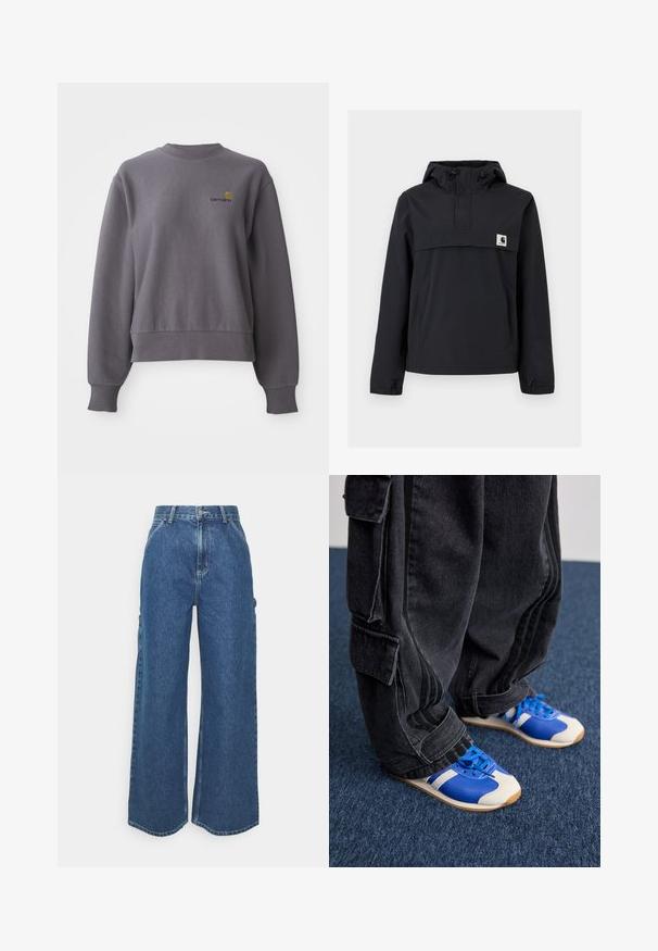 Giacca a vento nera con cappuccio, dotata di tasca frontale, polsini elastici e una patch con logo sul petto. Tessuto liscio e resistente all'acqua.; Felpa grigia realizzata in tessuto misto cotone. Presenta un collo rotondo, polsini a costine e un piccolo logo ricamato sul petto.; Pantaloni in denim blu a gamba larga con vita alta, cuciture a contrasto e tasche laterali, caratterizzati da un classico design a cinque tasche e orli grezzi.; Persona che indossa pantaloni cargo neri larghi e sneakers blu e bianche, in piedi su un tappeto blu scuro.
