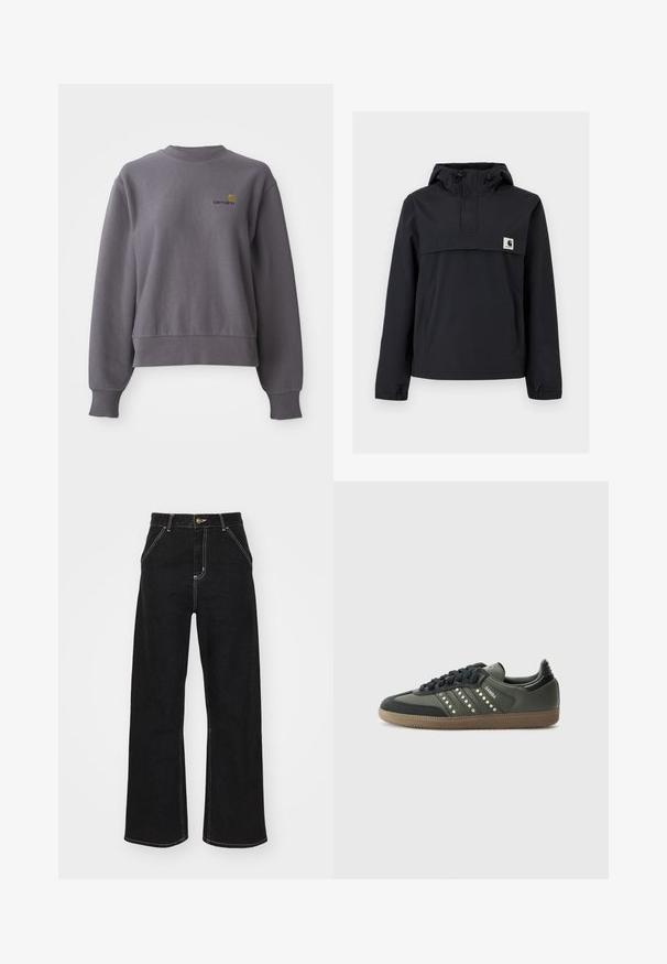 Black windbreaker jacket with a hood, featuring a front pocket, elastic cuffs, and a logo patch on the chest. Smooth, water-resistant fabric.; Grey sweatshirt made of cotton blend fabric. Features a round neckline, ribbed cuffs, and a small embroidered logo on the chest.; Black wide-leg jeans made of denim, featuring contrasting white stitching and a front button closure, with two angled front pockets.; adidas Originals SAMBA OG - Trainers - core black/legend earth/gum