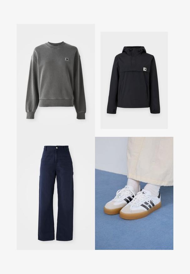 Casaco corta-vento preto com capuz, apresentando um bolso frontal, punhos elásticos e um patch do logo no peito. Tecido liso, resistente à água.; Sweatshirt cinza de pulôver, feito em uma mistura de algodão suave, com gola redonda, punhos canelados e um pequeno patch com logo no lado esquerdo do peito.; Calças de cargo largas em azul-marinho, feitas de um tecido de algodão resistente, com bolsos laterais e um fecho de botão na cintura.; Ténis brancos com riscas pretas e detalhes em camurça bege. Apresentam uma sola de borracha texturizada e atacadores brancos lisos, usados com meias de tom claro.