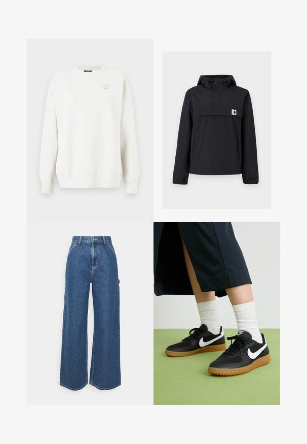 Svart vindjacka med huva, som har en framficka, elastiska ärmmuddar och en logotypplåster på bröstet. Slät, vattenavvisande tyg.; Ljusgrå sweatshirt med rund halsringning, ribbade muddar och fåll. Har ett litet logotypmärke på bröstet. Mjuk, strukturerad tyg.; Breda ljusblå denimbyxor med hög midja, kontrasterande sömmar och sidofickor, som har en klassisk femficksdesign och råa kanter.; Svarta läder- och syntetiska sneakers med vit Nike-logga, gummisula, rund tå och svarta snörningar. Ribbad vit strumpor synliga.