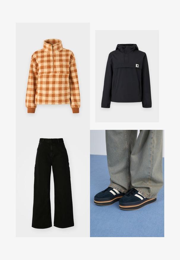 Schwarze Windjacke mit Kapuze, ausgestattet mit einer Vordertasche, elastischen Bündchen und einem Logopatch auf der Brust. Glattes, wasserabweisendes Material.; Braun- und cremefarbener kariert pullover aus flauschigem Material, mit einem Halbzip-Kragen und gerippten Bündchen für eine enge Passform.; Schwarze weite Cargo-Jeans mit hohem Bund, Frontknopfverschluss und Seitentaschen. Glatte Textur mit minimaler Naht.; Dunkelblaue Wildleder-Plattform-Sneaker mit weißen Streifen und schwarzen Schnürsenkeln. Mit einer dicken braunen Gummisohle ausgestattet. Tragen Sie sie mit hellblauen Jeans.