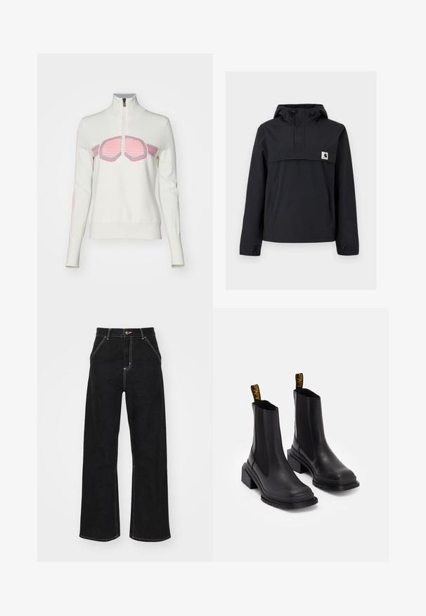 Schwarze Windjacke mit Kapuze, ausgestattet mit einer Vordertasche, elastischen Bündchen und einem Logopatch auf der Brust. Glattes, wasserabweisendes Material.; Bogner Fire + Ice AZRA3 - Strickpullover - light chalk; Schwarze weit geschnittene Jeans aus Denim, mit kontrastierenden weißen Nähten und einem vorderen Knopfverschluss, ausgestattet mit zwei schrägen Fronttaschen.; Schwarze Knöchelstiefel aus glattem Leder mit elastischen Seitenpaneelen, einer quadratischen Zehenpartie und einem klobigen Absatz. Enthält gelbe Marken-Zuglaschen.