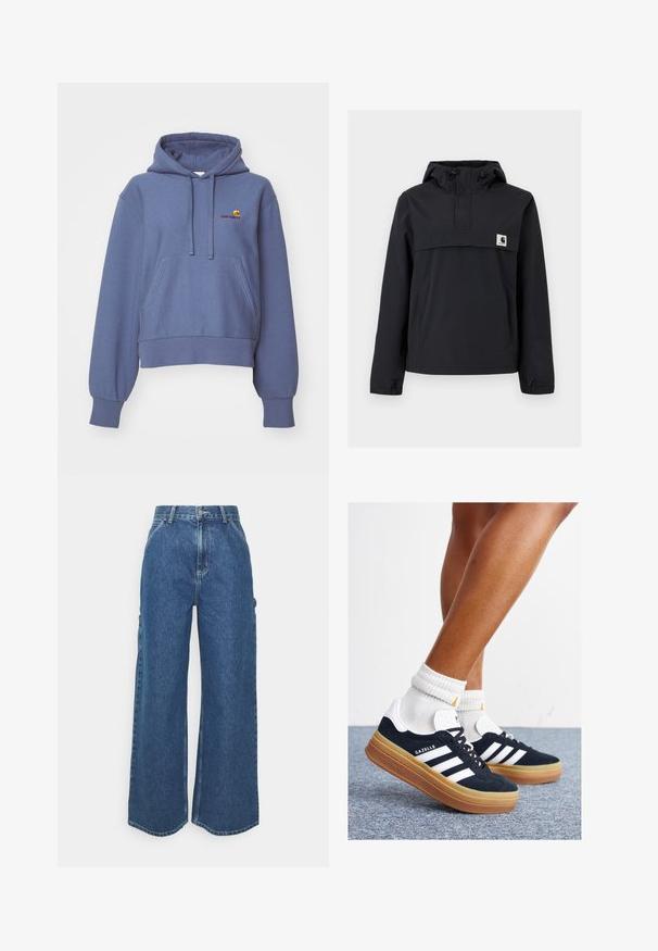 Zwarte windbreaker jas met een capuchon, voorzien van een voorzak, elastische boorden en een logopatch op de borst. Glad, waterafstotend materiaal.; Blauwe cropped hoodie van zachte stof, met een voorste kangoeroezak, trekkoordkap en geborduurd logo op de borst.; Brede blauwe denim broeken met een hoge taille, contrasterende stiksels en zijzakken, uitgerust met een klassieke vijf-pocket stijl en ongewerkte naden.; Zwarte suède sneakers met witte strepen en accenten, ronde neus, gum rubberen buitenzool, gecombineerd met witte geribbelde crewkousen.