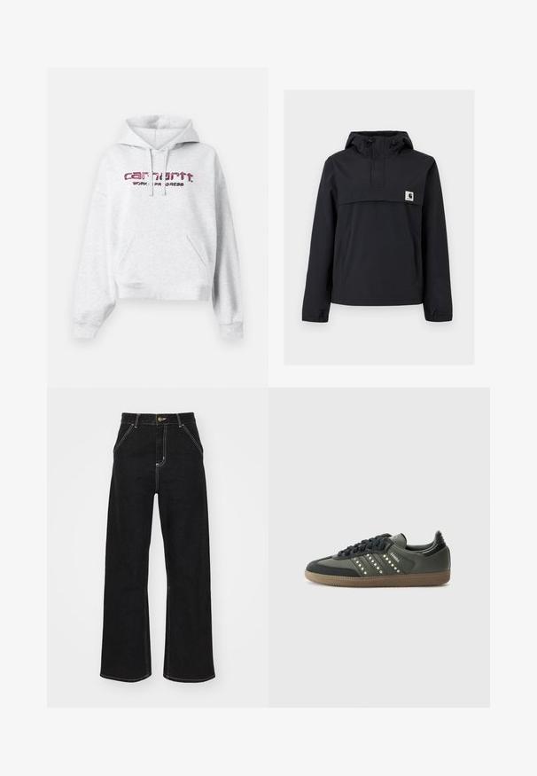 Casaco corta-vento preto com capuz, apresentando um bolso frontal, punhos elásticos e um patch do logo no peito. Tecido liso, resistente à água.; Sweatshirt cinza feito de tecido polar, com um bolso canguru, capuz com cordão e logótipo "carhartt" bordado em rosa com a frase "WORK IN PROGRESS".; Calças de ganga largas pretas, com costuras brancas em contraste e fecho frontal com botão, apresentando dois bolsos frontais inclinados.; adidas Originals SAMBA OG - Sapatilhas - core black/legend earth/gum