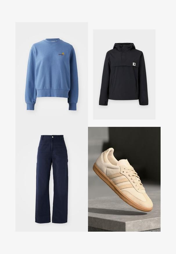 Melnā vēja necaurlaidīgā jaka ar kapuci, ar priekšējo kabatu, elastīgām aprocēm un logotipa uzšuvumu uz krūtīm. Gluda, ūdensizturīga auduma.; Zils kokvilnas sporta krekls ar ribotām aprocēm un apakšmalu. Uz krūtīm ir neliels izšūts logo. Arapa kakla, brīvas formas.; Jūras zilas platās kājas kravas bikses, izgatavotas no izturīgas kokvilnas auduma, ar sānu kabatām un pogu aizdari viduklī.; Gaišbeige zamšas sneakeris ar gumijas zoli, trim diagonālām svītrām un teksturētu purngali. Uz mēles un sānos ir redzams logotips.