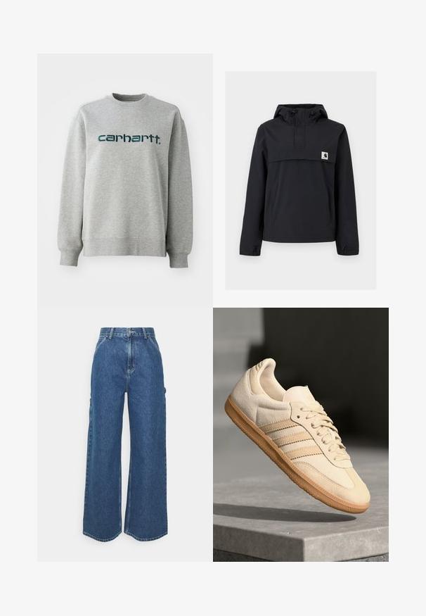 Giacca a vento nera con cappuccio, dotata di tasca frontale, polsini elastici e una patch con logo sul petto. Tessuto liscio e resistente all'acqua.; Felpa grigia in misto cotone, con scollo rotondo e polsini a costine. Logo in verde scuro sul petto.; Pantaloni in denim blu a gamba larga con vita alta, cuciture a contrasto e tasche laterali, caratterizzati da un classico design a cinque tasche e orli grezzi.; Sneaker in suede beige chiaro con suola in gomma, tre strisce diagonali e punta con texture. Presenta il logo sulla linguetta e sul lato.