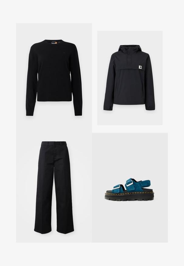 Juodas vėjaraizdis su kapuce, turintis priekinę kišenę, elastines rankoves ir logotipo emblema ant krūtinės. Lygus, vandeniui atsparus audinys.; Juodas megztinis su apvalia iškirpte, ilgomis rankovėmis ir maža logotipu ant krūtinės. Minkšta tekstūra ir klasikinis siluetas.; Juodos plačios kelnės, pagamintos iš minkštos medvilnės. Yra klasikinė juosmens juosta, šoninės kišenės ir tiesus kirpimas iki hemų.; Mėlynos zomšinės šlepetės su dviem reguliuojamomis dirželių, sidabriniais akcentais, turinčios storą juodą platformos padas su geltonomis siūlėmis.