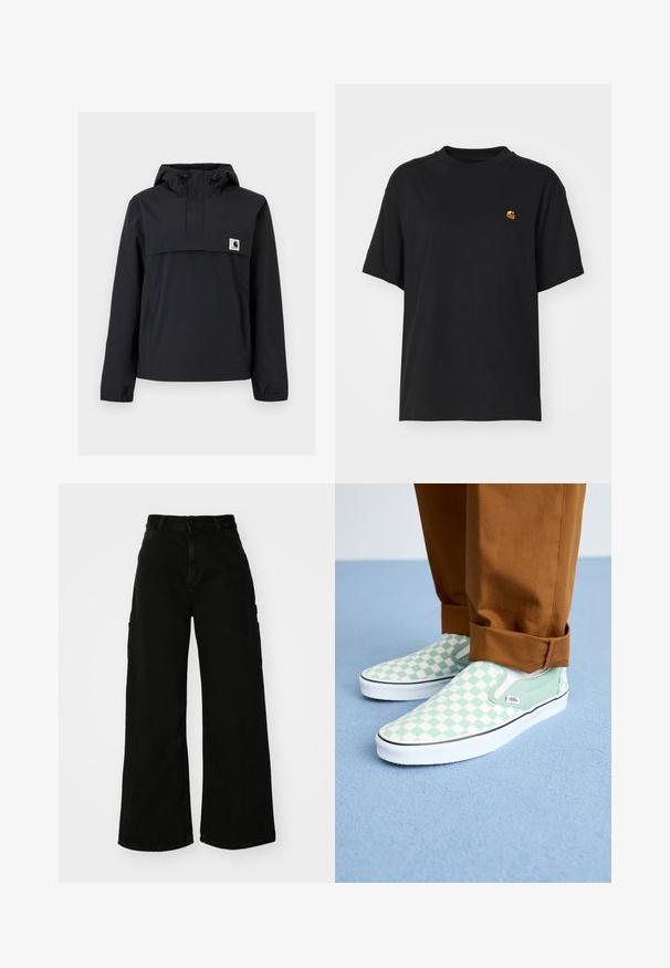 Fekete szélálló dzseki kapucnival, elülső zsebből, rugalmas mandzsetta és logóval ellátott mellkasi részből áll. Simább, vízálló anyag.; Fekete pamut póló laza szabással. Kerek nyakkal és rövid ujjakkal rendelkezik. A mellkason egy kis arany hímzett logó található.; Fekete, bő szárú cargo nadrág, denim anyagból, magas derékkal, elülső gombos záródással és oldalsó zsebekkel. Sima textúra minimális varrással.; Barna, felhajtott nadrágban lévő lábak, pasztell zöld és fehér kockás slip-on Vans tornacipőt viselnek egy világoskék szőnyegen.