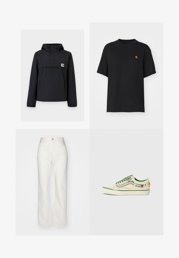 Musta tuulenpitävä takki hupulla, jossa on etutasku, joustavat hihansuut ja logo-patch rinnassa. Suloinen, vettä hylkivä kangas.; Musta puuvillapaita rentolla leikkauksella. Korostaa pyöreää kaula-aukkoa ja lyhyitä hihoja. Sisältää pienen kultavärisen brodeeratun logon rinnassa.; Valkoiset farkuhousut, joissa on korkea vyötärö ja leveä lahje. Ominaisuuksiin kuuluu nappi- ja vetoketjukiinnitys, vyölenkit ja huomaamattomat ompeluseikat.; Vans OLD SKOOL COCONA - Matalavartiset tennarit - cream