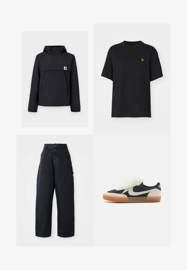 Svart vindjakke med hette, med en frontlomme, elastiske cuffs og et logo-merke på brystet. Glatt, vannavstøtende stoff.; Svart bomulls t-skjorte med løs passform. Har rund hals og korte ermer. Inkluderer en liten gullbrodert logo på brystet.; Sorte denim bredbukser med høy livlinje, to store frontlommer og kneppestang i midjen. Glatt tekstur, uformelt design.; Sorte og kremfargede semskede sneakers med transparent såle og hvite snørebånd. Kjennetegnet av en stor, overdimensjonert snørebåndsbue og en gummisåle.