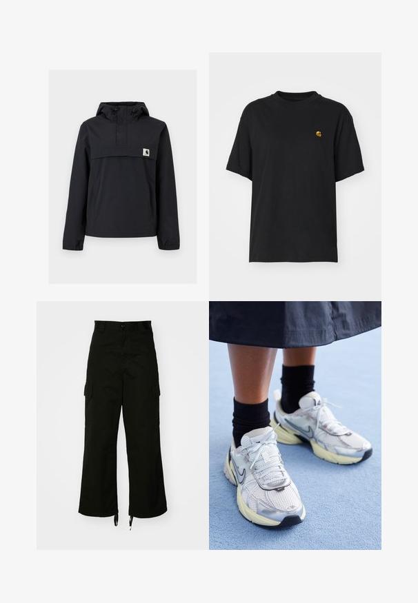 Schwarze Windjacke mit Kapuze, ausgestattet mit einer Vordertasche, elastischen Bündchen und einem Logopatch auf der Brust. Glattes, wasserabweisendes Material.; Schwarzes Baumwoll-T-Shirt mit lockerer Passform. Hat einen Rundhalsausschnitt und kurze Ärmel. Enthält ein kleines, goldfarben gesticktes Logo auf der Brust.; Schwarze Cargo-Hosen aus Baumwolle mit weitem Bein, seitlichen Taschen und Kordelzügen am Saum. Das Design umfasst einen Knopfverschluss an der Taille.; Weiße und silberne Nike-Sneaker aus Mesh-Gewebe, mit reflektierenden Akzenten und einer beigen Sohle. Getragen mit schwarzen Socken und stehend auf einer blauen Fläche.