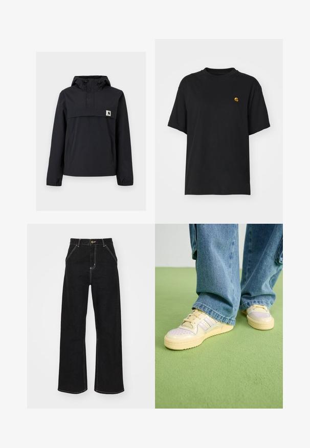 Črna vetrovka z kapuco, ki ima sprednji žep, elastične manšete in oznako na prsih. Gladko, vodoodporno blago.; Črna bombažna majica s sproščenim krojem. Ima okroglo ovratnik in kratke rokave. Vključuje majhen zlat vezen logotip na prsih.; Črne široke kavbojke iz denima, ki imajo kontrastne bele šive in sprednje gumbno zapiranje, ter dve nagnjeni sprednji žepi.; Tenisice s kremastim gornjim dijelom i teksturiranim gumeni potplat, sa perforiranim detaljima i slojevitim naglasima u svijetloplavoj i bež boji.