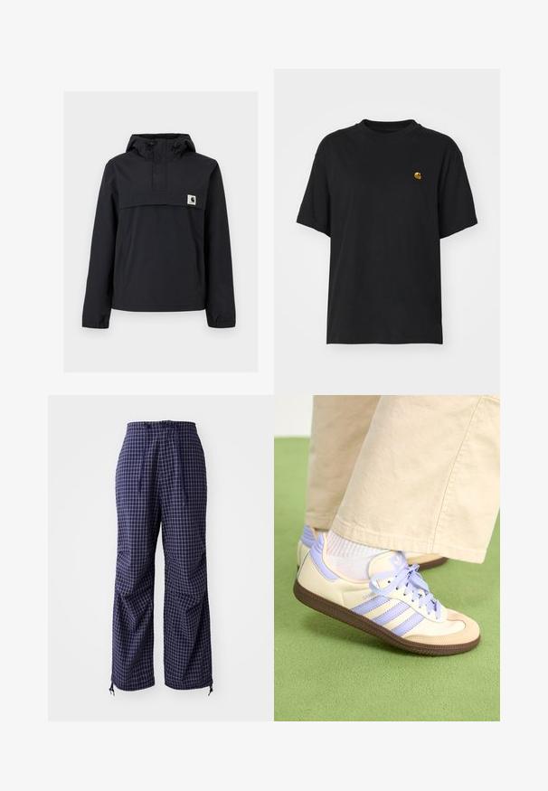 Fekete szélálló dzseki kapucnival, elülső zsebből, rugalmas mandzsetta és logóval ellátott mellkasi részből áll. Simább, vízálló anyag.; Fekete pamut póló laza szabással. Kerek nyakkal és rövid ujjakkal rendelkezik. A mellkason egy kis arany hímzett logó található.; Tengerkék kockás nadrág laza szabással, húzózsinóros derékkal, rugalmas mandzsettákkal és könnyű anyaggal. Kisebb csomó díszítések jellemzik.; Krém és levendula színű sportcipők három csíkkal és texturált barna talppal, fűzőkkel és párnázott sarokkal. Puha anyagú felsőrész.