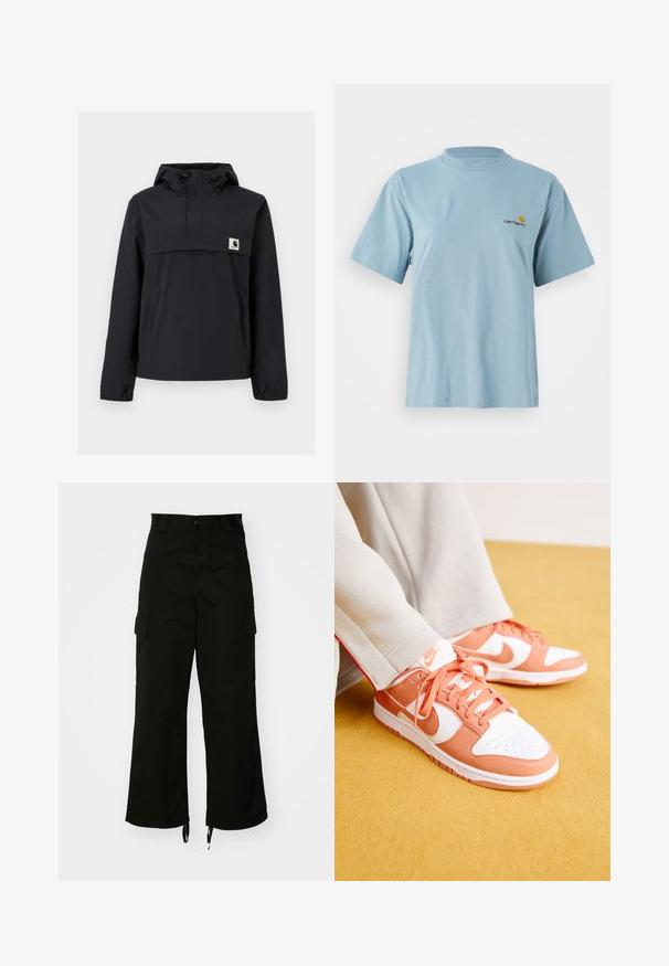 Must mustaga jacket, millel on kapuuts, esikoti, elastsed mansetid ja rinna peal logoga pa patch. Sile, veekindel kangas.; Hele sinine lühikeste varrukatega puuvillane T-särk ümmarguse kaelusega ja vasakul rinnal väike kollane ja punane Carhartti logo.; Mustadest puuvillast cargo-püksidest, millel on laiad sääred, küljetaskud ja nööriga lõpulised säärised. Disain sisaldab nööbi sulgemist vöökohal.; Nike Dunk jooksujalanõud valgetes ja koralltooni, sileda nahaga, tekstuurse keelega, varvaste kohal durcikad augud ja lame koralltooni pael.