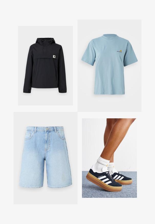 Fekete szélálló dzseki kapucnival, elülső zsebből, rugalmas mandzsetta és logóval ellátott mellkasi részből áll. Simább, vízálló anyag.; Világoskék, rövid ujjú pamut póló kerek nyakkal és apró sárga és piros Carhartt logóval a bal mellen.; Világoskék farmer sort, egyenes szárú szabással, öt zsebbel és felső gombos zárással. Halványított mosás, látható varrási részletekkel.; Fekete velúr sportcipő fehér csíkokkal és díszítésekkel, lekerekített orral, gumitalpú külső résszel, fehér bordázott bokazoknival párosítva.