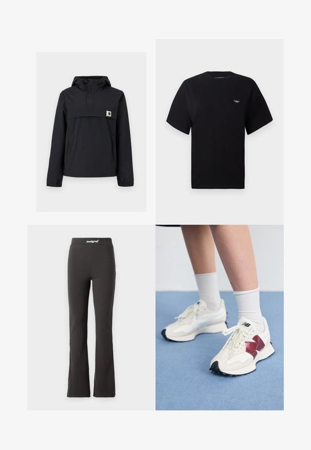 Čierna vetrovka s kapucňou, s prednou kapsou, elastickými manžetami a logom na hrudi. Hladká, vodeodolná tkanina.; Čierne bavlnené tričko s krátkymi rukávmi, okrúhlym výstrihom a vyšívaným logom v tvare srdca na ľavej hrudi. Jednoduchý, nezdobený dizajn.; Čierne rozšírené nohavice vyrobené z elastického materiálu s hladkou textúrou. Majú široký pás s logom na vrchu.; Pár bielych tenisiek s bordovými akcentmi, štruktúrovanými panelmi, plochou čiernou podrážkou a svetlými šnúrkami, nosených s bielymi členkovými ponožkami.