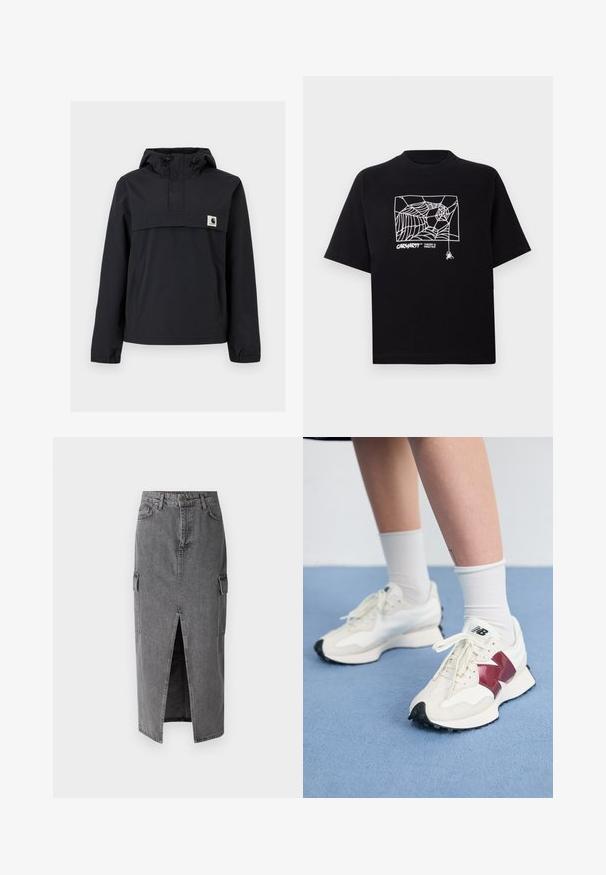 Casaco corta-vento preto com capuz, apresentando um bolso frontal, punhos elásticos e um patch do logo no peito. Tecido liso, resistente à água.; T-shirt preta feita de algodão com mangas curtas. Apresenta uma gravação de teia de aranha branca e um logótipo na parte da frente. Possui um decote simples em forma redonda.; Saias midi em denim cinza com uma silhueta reta, dois bolsos laterais e uma fenda frontal para facilitar o movimento. Textura clássica de denim.; Par de tênis brancos com detalhes em bordô, painéis texturizados, sola preta lisa e atacadores claros, usados com meias brancas até ao tornozelo.