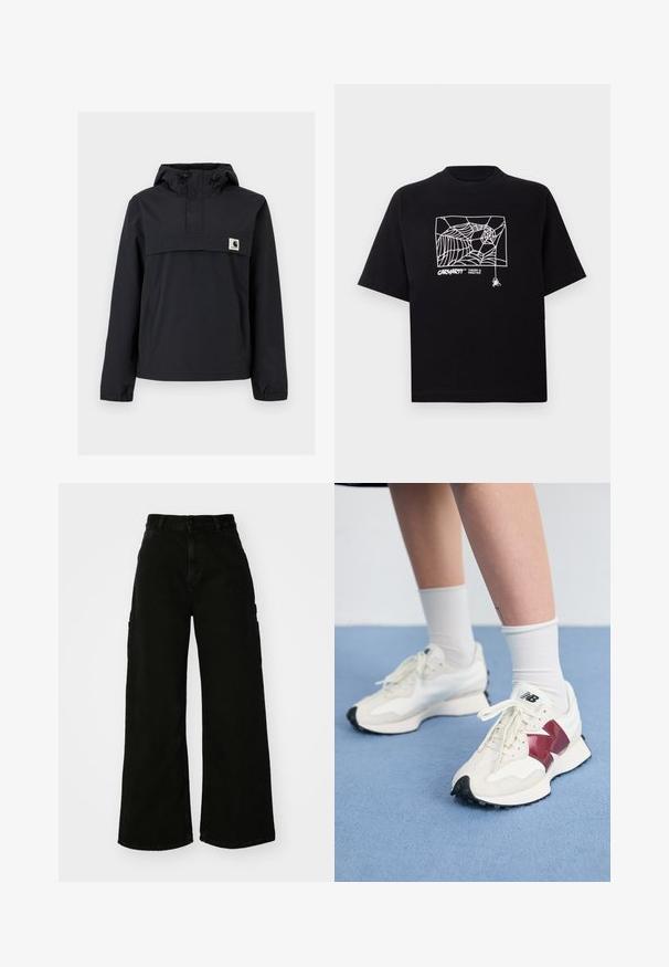 Jachetă neagră tip windbreaker cu glugă, dotată cu un buzunar frontal, manșete elastice și o etichetă cu logo pe piept. Țesătură netedă, rezistentă la apă.; Tricou negru din bumbac, cu mâneci scurte. Dispune de un grafic alb cu o pânză de păianjen și un logo pe față. Guler simplu, rotund.; Pantaloni cargo negri, cu pantaloni largi din denim, având talie înaltă, închidere cu fie-button în față și buzunare laterale. Textură netedă cu cusături minime.; O pereche de adidași albi cu accente vișinii, panouri texturate, talpă neagră plată și șireturi ușoare, purtați cu șosete albe până la gleznă.