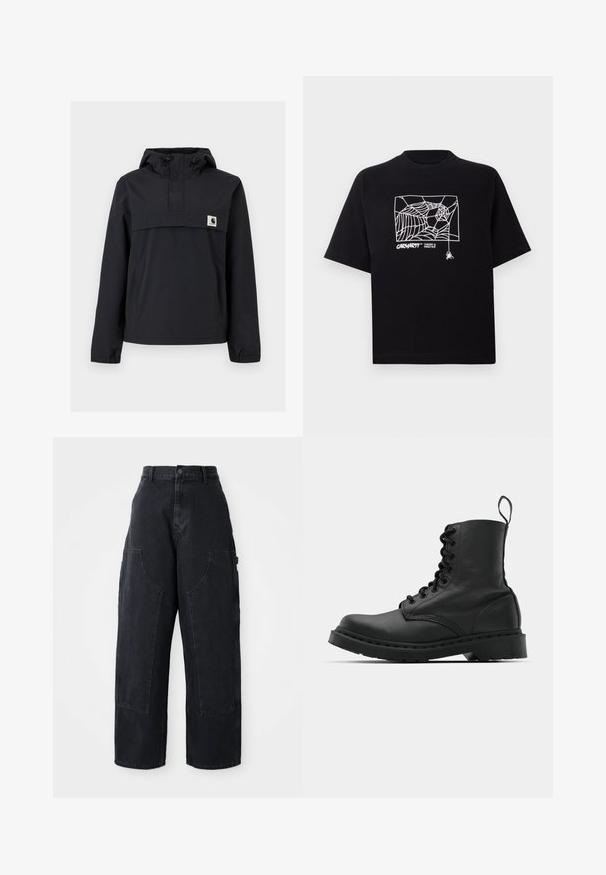 Czarna kurtka przeciwwiatrowa z kapturem, z przednią kieszenią, elastycznymi mankietami i naszywką z logo na piersi. Gładki, wodoodporny materiał.; Czarna koszulka z krótkim rękawem wykonana z bawełny. Na przodzie znajduje się biały nadruk w kształcie pajęczyny oraz logo. Prosty, zaokrąglony dekolt.; Czarne dżinsowe spodnie cargo o szerokiej nogawce z wysokim stanem, dwoma dużymi kieszeniami z przodu oraz zapięciem na guzik w pasie. Gładka tekstura, casualowy design.; Czarne skórzane buty wojskowe z okrągłym noskiem, sznurowanym przodem i pętelką przy kostce. Posiadają grubą gumową podeszwę dla zwiększenia trwałości.