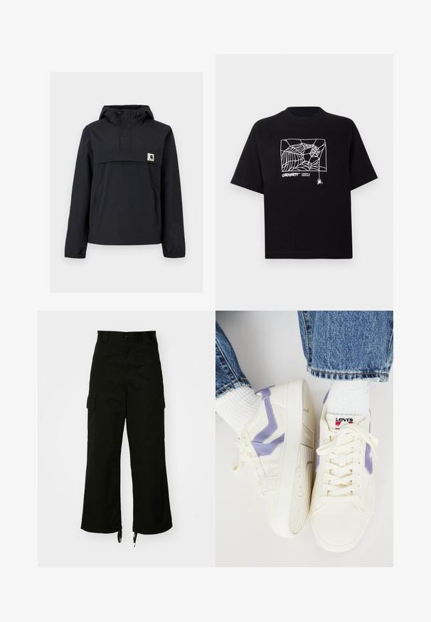 Schwarze Windjacke mit Kapuze, ausgestattet mit einer Vordertasche, elastischen Bündchen und einem Logopatch auf der Brust. Glattes, wasserabweisendes Material.; Schwarzes T-Shirt aus Baumwolle mit kurzen Ärmeln. Mit einem weißen Spinnennetz-Graphic und Logo auf der Vorderseite. Einfacher runder Ausschnitt.; Schwarze Cargo-Hosen aus Baumwolle mit weitem Bein, seitlichen Taschen und Kordelzügen am Saum. Das Design umfasst einen Knopfverschluss an der Taille.; Weiße Sneakers mit lavendelfarbenen Akzenten, strukturiertem Leder und gepolsterter Zunge. Verfügt über ein Schnürdesign und Gummisohlen. Markenlogo sichtbar.