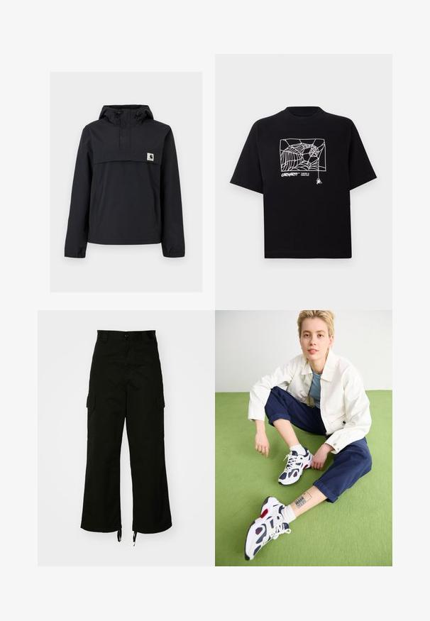Fekete szélálló dzseki kapucnival, elülső zsebből, rugalmas mandzsetta és logóval ellátott mellkasi részből áll. Simább, vízálló anyag.; Fekete pamut póló rövid ujjakkal. Elülső részén fehér pókhálós grafika és logó található. Egyszerű, kerek nyakú.; Fekete cargo nadrág, pamutból készült, széles lábakkal, oldalsó zsebekkel és húzózsinóros szegélyekkel. A dizájn része egy gombos zárás a deréknál.; Fehér sneakers kék részletekkel és piros díszítéssel, kék szűkített nadrággal és fehér dzsekivel, zöld felületen.