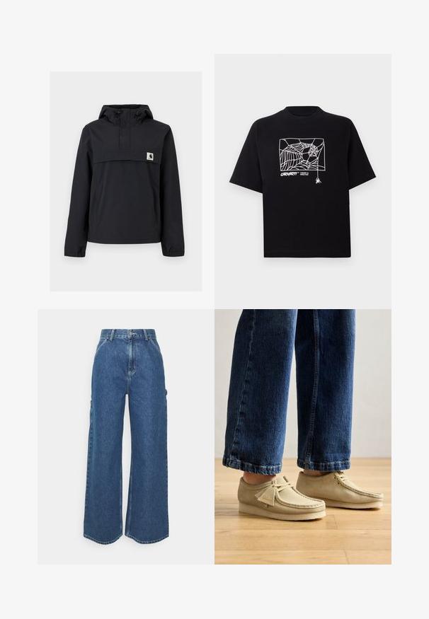 Casaco corta-vento preto com capuz, apresentando um bolso frontal, punhos elásticos e um patch do logo no peito. Tecido liso, resistente à água.; T-shirt preta feita de algodão com mangas curtas. Apresenta uma gravação de teia de aranha branca e um logótipo na parte da frente. Possui um decote simples em forma redonda.; Calças de ganga azuis de perna larga com cintura alta, costuras em contraste e bolsos laterais, apresentando um design clássico de cinco bolsos e bainhas desfiadas.; Sapatos de camurça bege com bicos arredondados e um perfil baixo. Apresentam um design com atacadores e detalhes cosidos. Usados com jeans azuis cortados.