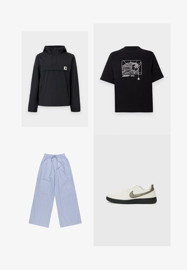 Črna vetrovka z kapuco, ki ima sprednji žep, elastične manšete in oznako na prsih. Gladko, vodoodporno blago.; Črn T-majica iz bombaža s kratkimi rokavi. Na sprednji strani ima belo grafiko pajkove mreže in logo. Preprost okrogli izrez.; Modre prugaste hlače širokega kroja z rdečimi navpičnimi prugami, izdelane iz lahkega materiala, z elastičnim pasom in vrvico ter stranskimi žepi.; Nike Sportswear FIELD GENERAL - Športni copati - off-white/black